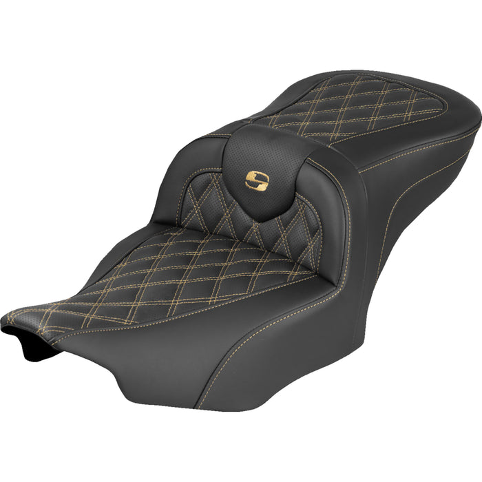 SADDLEMEN 0801-2340 823-07-18407 Roadsofa™ Lattice Stitch Seat Extended Reach RoadSofa™ Seat - without Backrest - Lattice Stitch - Gold Stitch - FLH/FLT '23-'25