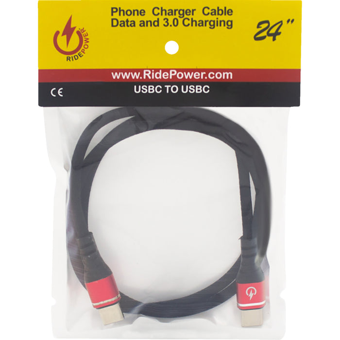 RIDEPOWER 3807-0712 RPUSBCUSBC24 24" Male USB-C to Male USB-C Data and 3.0 Fast Charging Phone Charger Cable Male USB-C to Male USB-C Cable - Phone - Fast/Charger - 24" - Black/Red