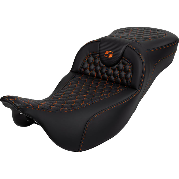 SADDLEMEN 0801-1649 A808-07B-190ORA Honeycomb Roadsofa™ Seat - Orange Stitch - Extended Reach - without Backrest - FLH/FLT '08-'23