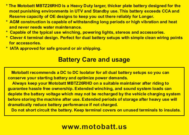 Motobatt 491-1030 MBTZ26RHD BATTERY MBTZ26RHD SEALED FACTORY ACTIVATED