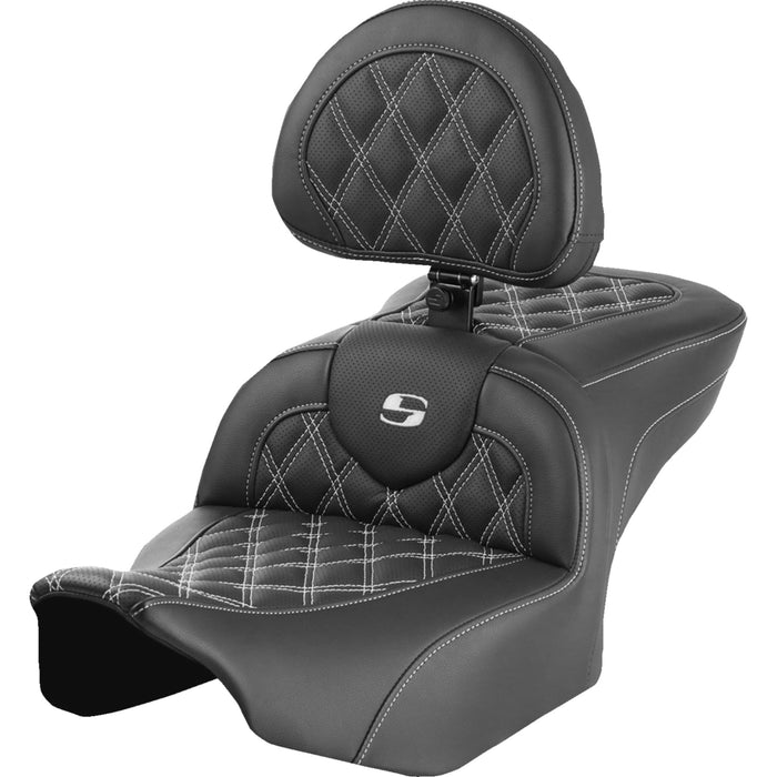 SADDLEMEN 0801-1724 823-07-182B6 Roadsofa™ Lattice Stitch Seat - with Backrest - Lattice Stitch - White Stitch - FLTR/FLHX 23-24