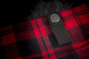 Detail shot of stitching of the Marksman Flannel in red and black 