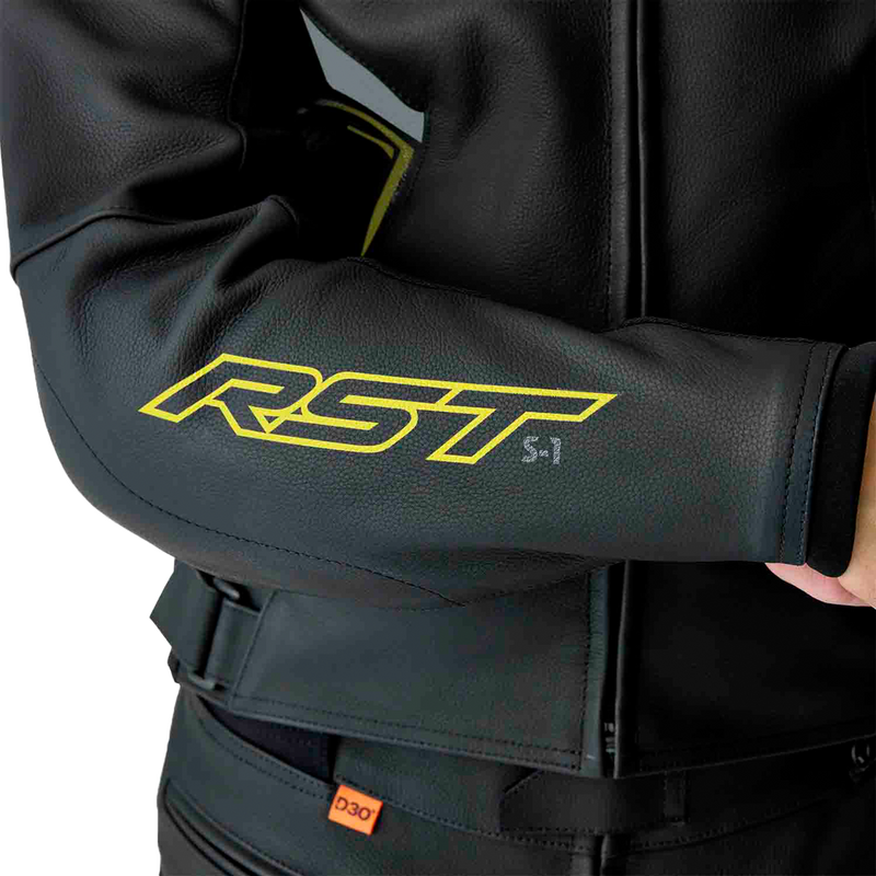 Rst 556-3605244 103605F.YEL-44 S1 D3O LEATHER JACKET BLK/GRY/FLO YEL LG