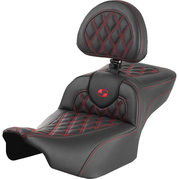 SADDLEMEN 0801-1734 823-07-184B4 Roadsofa™ Extended Reach Seat - with Backrest - Lattice Stitch - Red Stitch - FLTR/FLHX 23-24