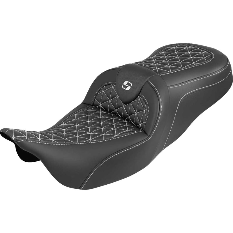 Saddlemen RoadSofa™ Tri Gripper Seat Standard Reach White Stitch W O Backrest Flh Flt - 808-07B-21006 For Harley Touring 2008-2025