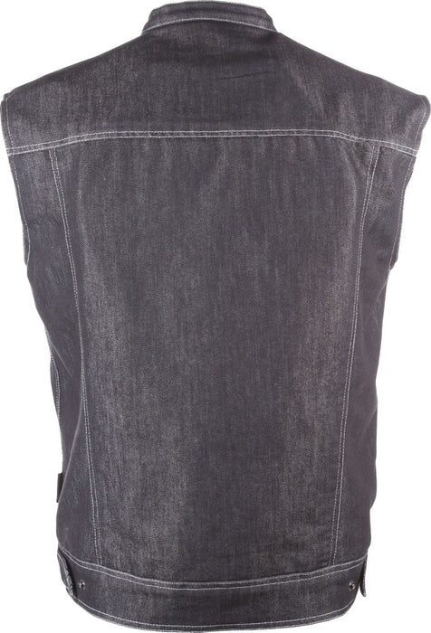 Rear angle of black Iron Sights Club Collar Denim Vest