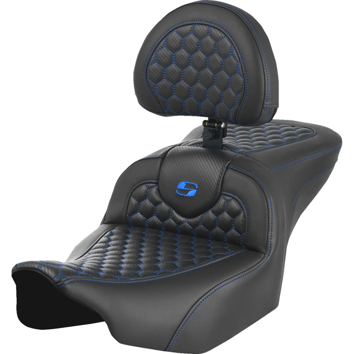 SADDLEMEN 0801-1749 823-07-189B1 Roadsofa™ Seat - with Backrest - Honeycomb - Blue Stitch - FLTR/FLHX 23-24