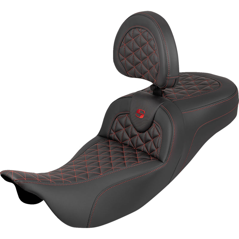 Saddlemen RoadSofa™ Tri Gripper Seat Standard Reach Red Stitch W Backrest Flh Flt - 808-07B-211B4 For Harley Touring 2008-2025