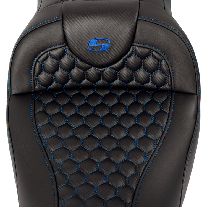 SADDLEMEN 0801-1644 A808-07R-189BLU Honeycomb Roadsofa™ Seat - Blue Stitch - with Backrest - FLH/FLT '08-'23