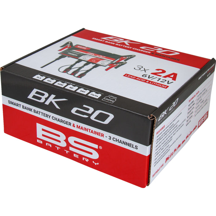 BS BATTERY 3807-0654 700554 Smart Bank Battery Charger and Maintainer with Reconditioning Function Charger - BK20 - 12V - 3 x 2A