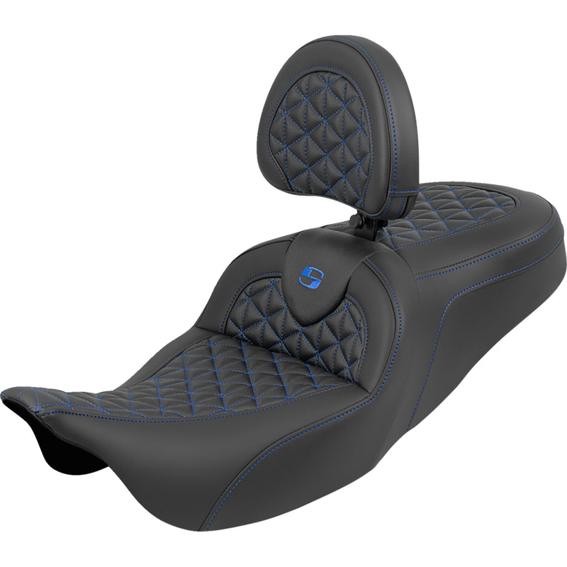 Saddlemen RoadSofa™ Tri Gripper Seat Standard Reach Blue Stitch W Backrest Flh Flt - 808-07B-210B1 For Harley Touring 2008-2025