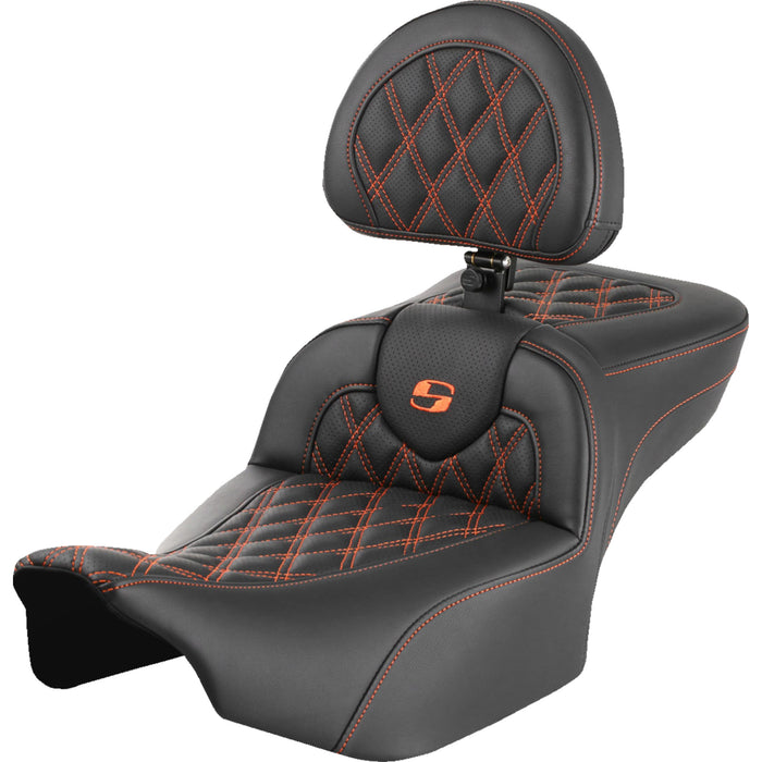 SADDLEMEN 0801-1733 823-07-184B3 Roadsofa™ Extended Reach Seat - with Backrest - Lattice Stitch - Orange Stitch - FLTR/FLHX 23-24