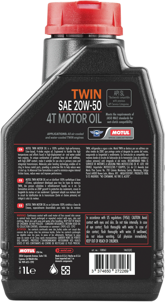 Motul Twin 100% SYN OIL 20W50 1QT - 108061 For Harley Motorcycles 1984-2006
