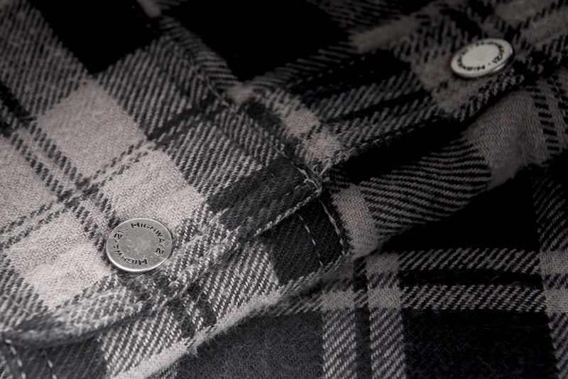 Stitching detail on the black and grey Marksman flannel