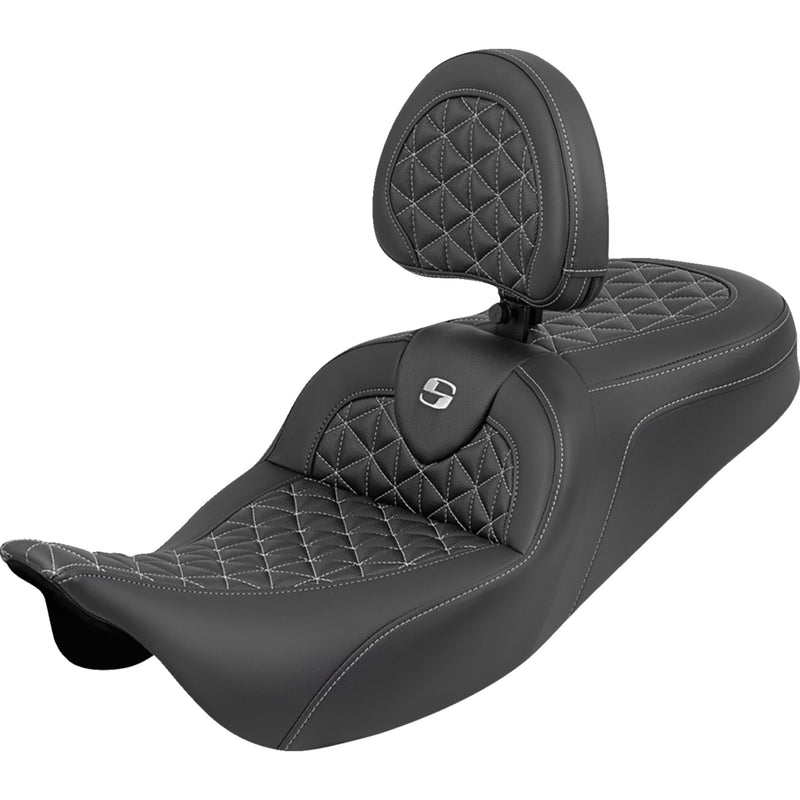 Saddlemen RoadSofa™ Tri Gripper Seat Standard Reach Silver Stitch W Backrest Flh Flt - 808-07B-210B5 For Harley Touring 2008-2025