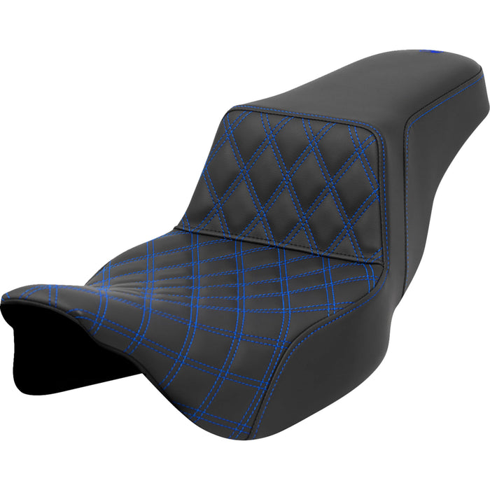 SADDLEMEN 0801-1576 A808-07E-172BLU Lattice Stitch Step-Up Seat - Front Lattice Stitch - Blue Stitch - Extended Reach - FLH/FLT '08-'23