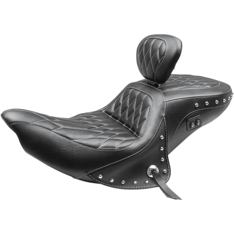 Mustang Heated One-Piece Touring Seat With Backrest Diamond - 79664WT For Indian 2014-2024