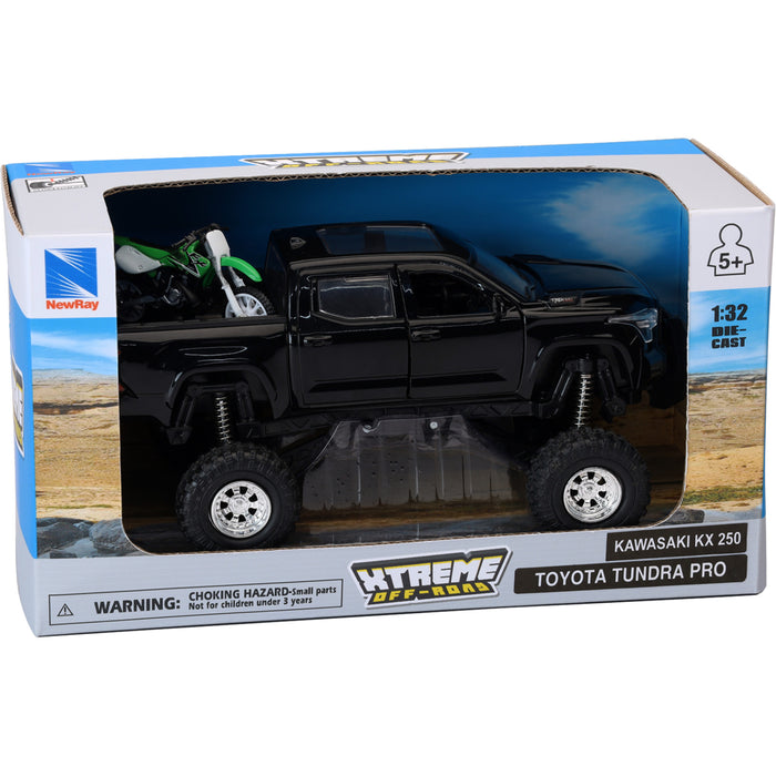 NEW RAY TOYS 7001-0114 SS-54446 Mini Pick Up Truck with Dirt Bike Toyota Tundra Off Road Pick Up w/ Kawasaki Dirt Bike - 1:32 Scale - Black/Green