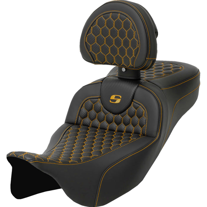 SADDLEMEN 0801-1654 A808-07R-190GOL Honeycomb Roadsofa™ Seat - Gold Stitch - with Backrest - Extended Reach - FLH/FLT '08-'23