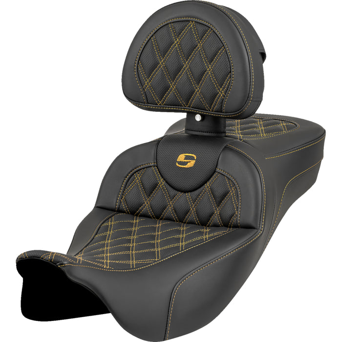 SADDLEMEN 0801-1985 808-07B-184B7 Roadsofa™ Extended Reach Seat lattice stitch - gold stitch - with backrest - fl '08-'23