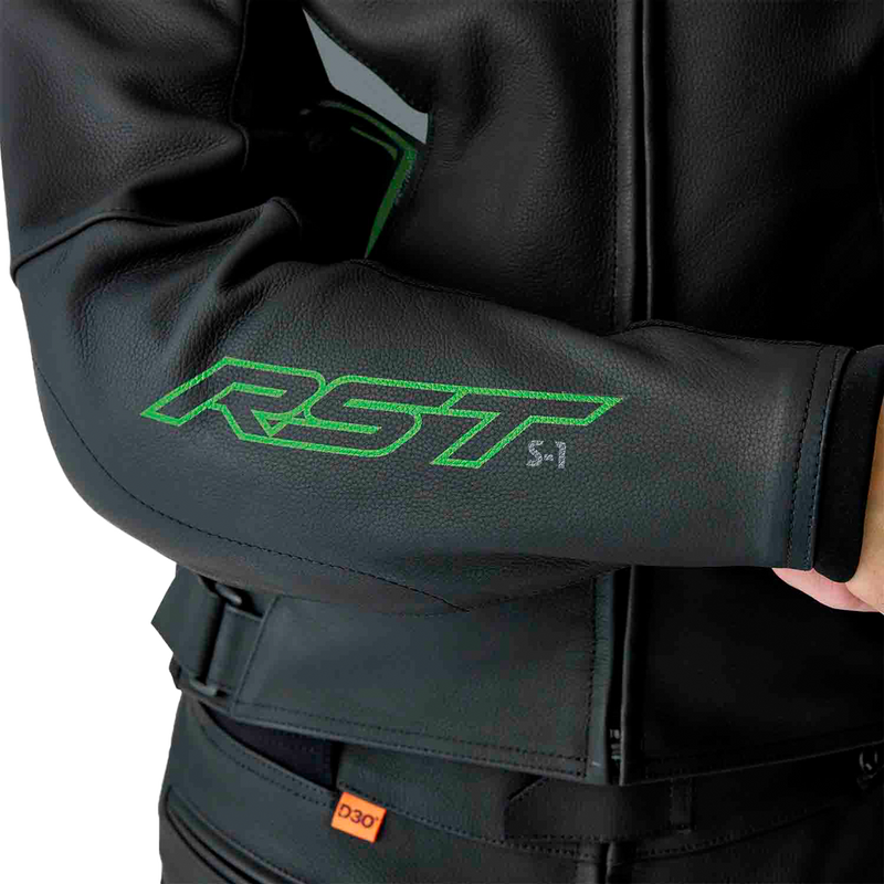 Rst 556-3605340 103605F.GRN-40 S1 D3O LEATHER JACKET BLK/GRY/FLO GRN SM