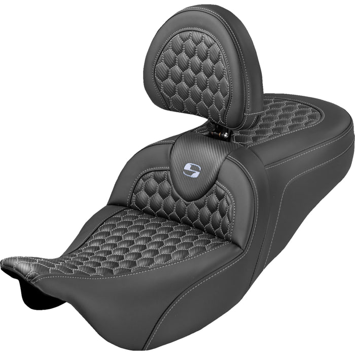 SADDLEMEN 0801-2372 808-07B-190B5 Extended Reach RoadSofa™ Seat honeycomb - silver stitch - with backrest - flh/flt '08-'25