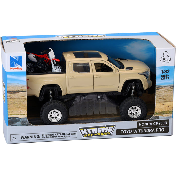 NEW RAY TOYS 7001-0115 SS-54456 Mini Pick Up Truck with Dirt Bike Toyota Tundra Off Road Pick Up w/ Honda Dirt Bike - 1:32 Scale - Tan/Red
