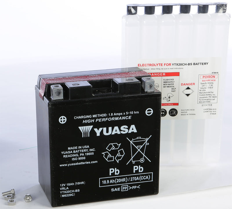 Yuasa Battery YTX20CH-BS Maintenance Free - YUAM6220C For Polaris Snowmobiles 2010-2022 | Kawasaki Motorcycles 1992-2014 | BMW 1200 / 1600 2014-2022