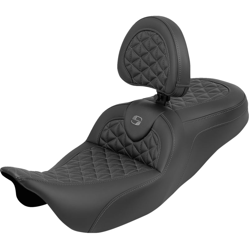 Saddlemen RoadSofa™ Tri Gripper Seat Standard Reach Gray Stitch W Backrest Flh Flt - 808-07B-210B2 For Harley Touring 2008-2025