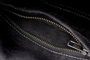 Detail zipper shot of black Iron Sights Club Collar Denim Vest