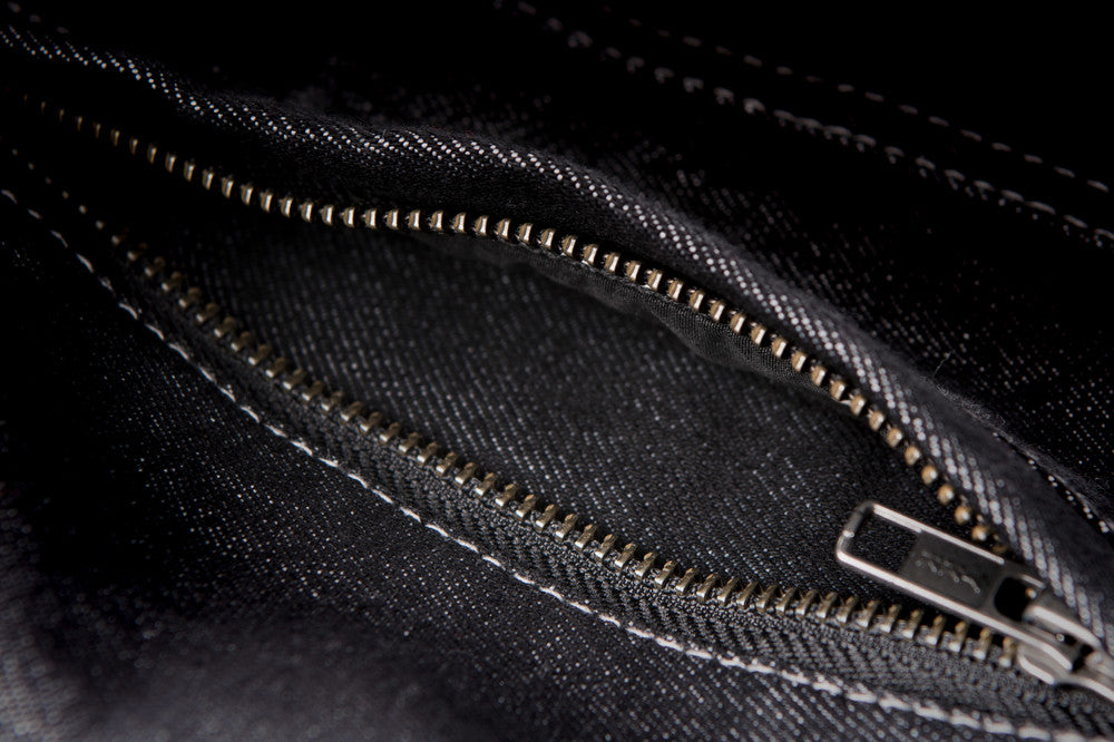 Detail zipper shot of black Iron Sights Club Collar Denim Vest