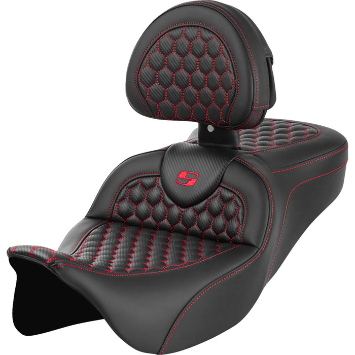 SADDLEMEN 0801-1643 A808-07R-189RED Honeycomb Roadsofa™ Seat - Red Stitch - with Backrest - FLH/FLT '08-'23