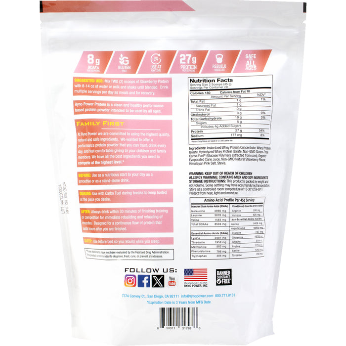 RYNO POWER 5101-0037 PRO-STRAW-2LB Protein Premium Whey Powder Protein Powder - Strawberry - 2 lb - 20 Servings