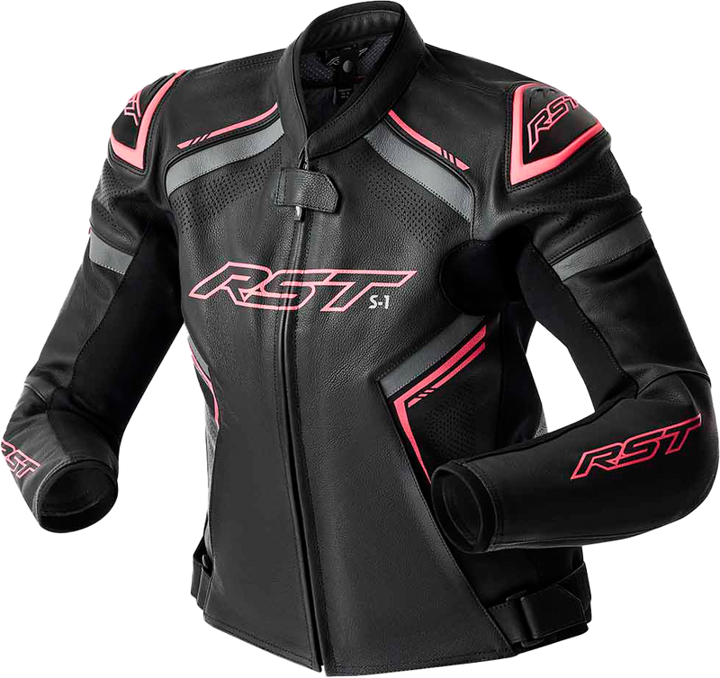 Rst 556-3626114 103626PNK-14 WOMENS S1 D3O LEATHER JACKET BLK/FLO PINK LG