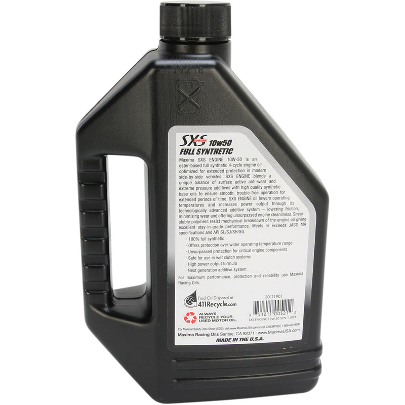 MAXIMA RACING OIL 3601-0406 30-21901 SXS 100% Synthetic 4T Engine Oil SXS UTV Synthetic 4T Oil - 10W-50 - 1L