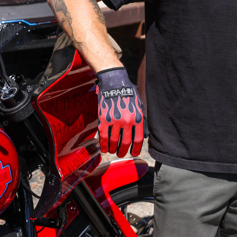 THRASHIN SUPPLY CO. Stealth Leather Palm Flame Gloves Red