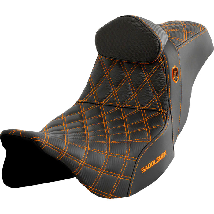 SADDLEMEN 0801-1664 SC80807ORART Pro Series SDC Performance Grip Seat with Backrest - Orange Stitch - FLH/FLT '08-'23