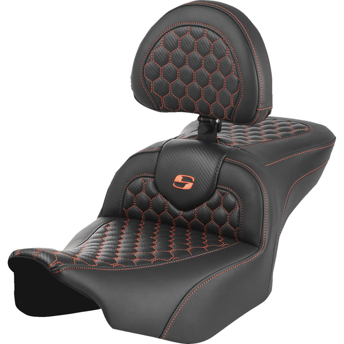 SADDLEMEN 0801-1751 823-07-189B3 Roadsofa™ Seat - with Backrest - Honeycomb - Orange Stitch - FLTR/FLHX 23-24