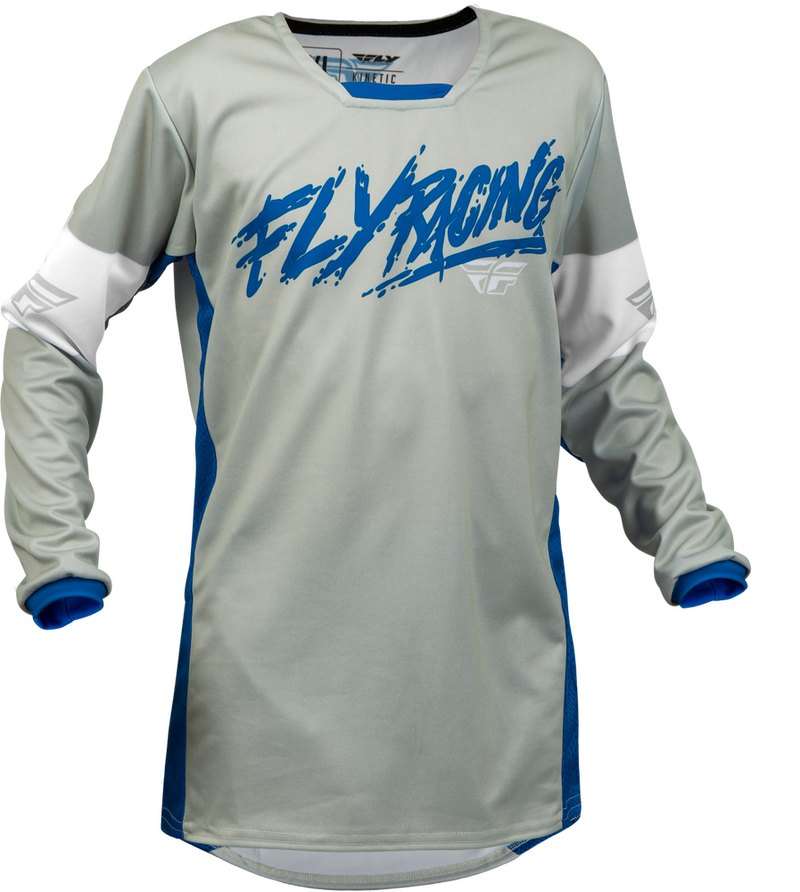 Fly Racing Youth Kinetic Khaos Jersey Light Grey Blue White YL