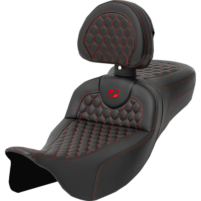 SADDLEMEN 0801-1651 A808-07R-190RED Honeycomb Roadsofa™ Seat - Red Stitch - with Backrest - Extended Reach - FLH/FLT '08-'23