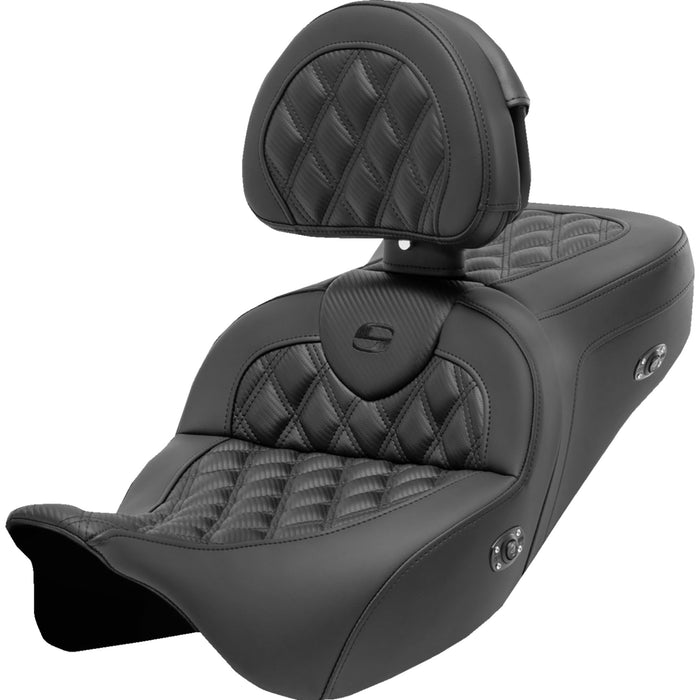 SADDLEMEN 0801-1695 808-07CF-182RHC Roadsofa™ Seat with Backrest - Lattice Black Stitch - Carbon Fiber - FL 08-23