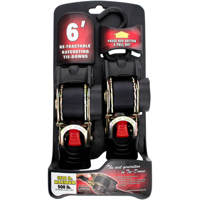 ERICKSON 3920-0419 34413 Retractable Ratcheting Tie-Downs Retractable Ratchet Tie-Downs - 6' - Black