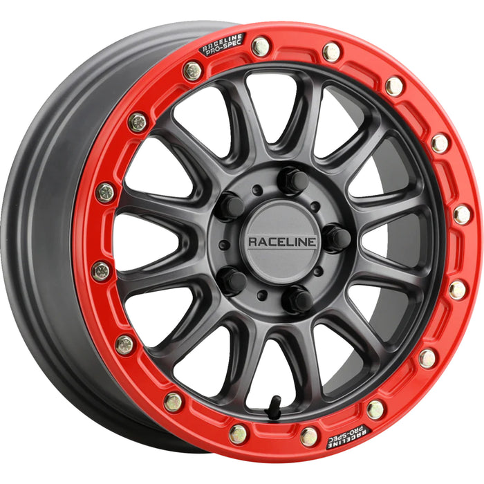 RACELINE WHEELS 0230-1439 A14GR-57012+53 Alpha Beadlock Wheel Wheel - Alpha - Front/Rear - Gun Metal/with Gloss Red Ring - 15x7 - 5/114.3 - 6+1 (+53 mm)