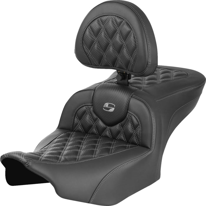 SADDLEMEN 0801-1788 823-07-206B2 Roadsofa™ Lattice Stitch Seat - with Backrest - Carbon Fiber - Lattice Stitch - Gray Stitch - FLTR/FLHX 23-24