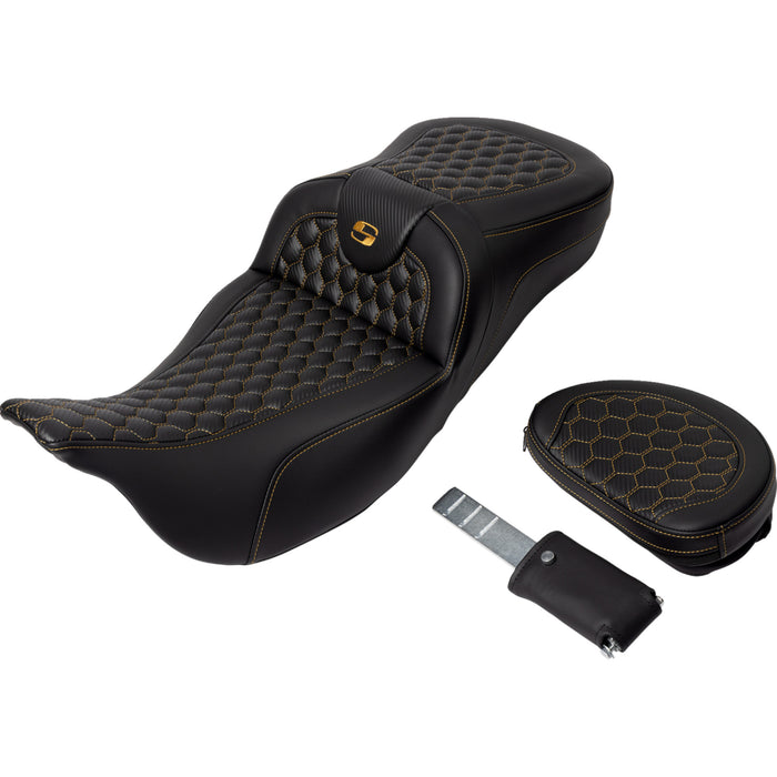 SADDLEMEN 0801-1654 A808-07R-190GOL Honeycomb Roadsofa™ Seat - Gold Stitch - with Backrest - Extended Reach - FLH/FLT '08-'23