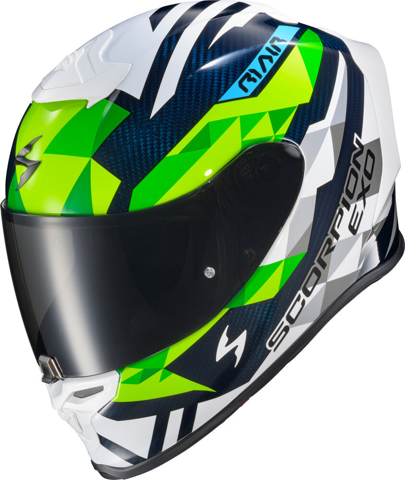 Scorpion Exo 75-1366S R1C-2103 EXO-R1 AIR FULL FACE HELMET CARBON RASTOR WHT/GRN/BLUE SM