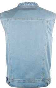 Rear angle of blue Iron Sights Club Collar Denim Vest