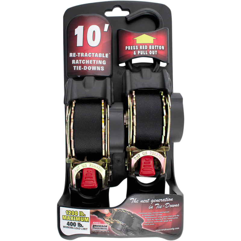 ERICKSON 3920-0420 34415 Retractable Ratcheting Tie-Downs Retractable Ratchet Tie-Downs - 10' - Black
