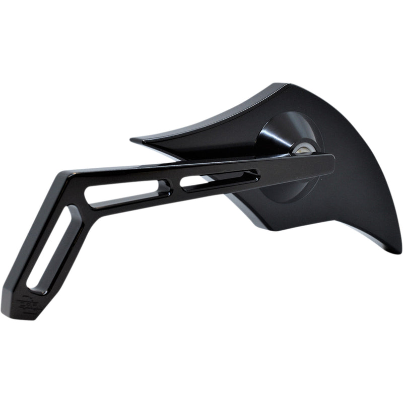 PRO-ONE PERF.MFG. 0640-1436 102300AB Billet Aluminum Mirror Mirror - Weekend Warrior - Side View - Cut-Out/Flame Head - Oblong - Black - Left