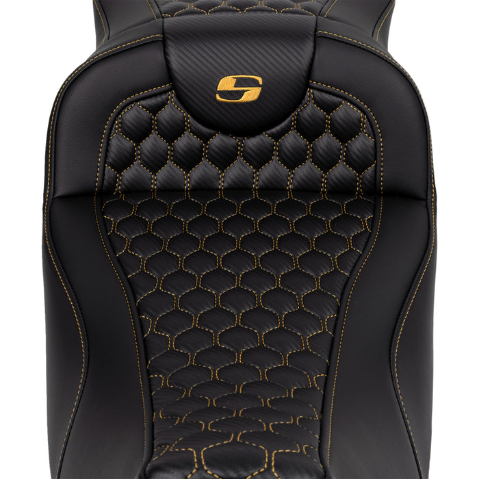 SADDLEMEN 0801-1650 A808-07B-190GOL Honeycomb Roadsofa™ Seat - Gold Stitch - Extended Reach - without Backrest - FLH/FLT '08-'23